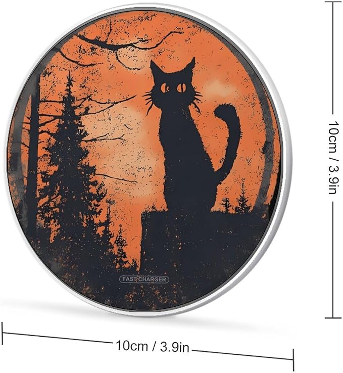 Vintage Halloween Black Cat Fast Portable Charger 10W Funny Graphic Phone Charging Pad with USB Cable