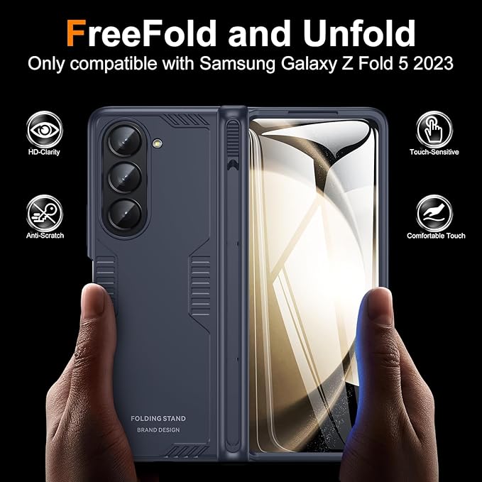 Kaiiecal for Samsung Galaxy Z-Fold-5 Case with S Pen Holder [No Pen] Screen Protector | Hidden Kickstand | Slim Hinge Protection | Scratch Resistent | Anti-Slip Soft Full-Body Cover for Fold5 Blue