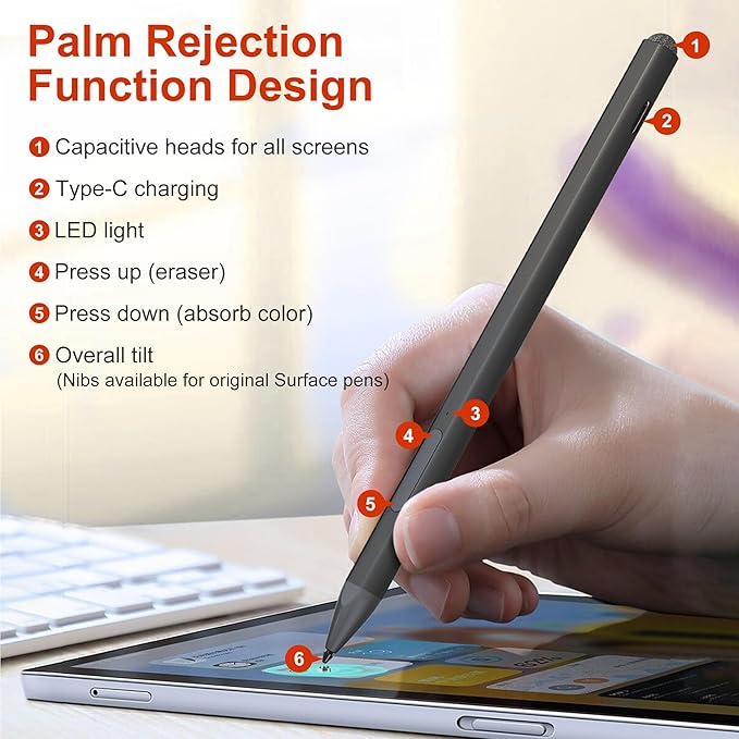 Surface Pen Stylus for Microsoft Surface Pro - 75 Day Battery Life+4096 Tilt Pressure+Touchscreen Pen Cap Work for Surface Pro 11/10/9/8/7/6/5/4/3/X Surface Go 3/2/1 Surface Book/Laptop/Studio 3/2/1
