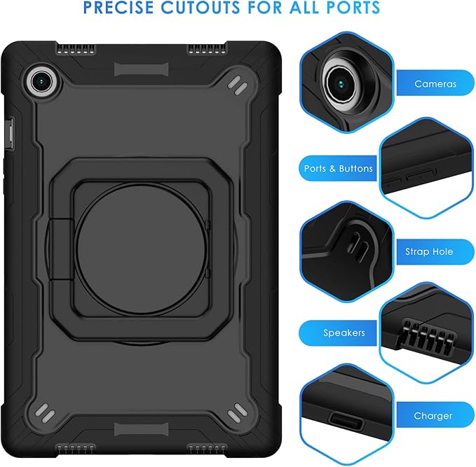 DETUOSI Galaxy Tab A8 Case - Shockproof with 360 Stand &amp Strap Heavy Duty for SM-X200/X205/X207 Black
