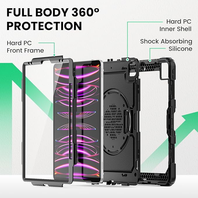 SEYMAC Case for iPad Pro 12.9 2022/2021/ 2020/2018 Heavy Duty Protection Shockproof Case with Screen Protector 360° Rotating Stand/Handle/Shoulder Strap Supports Pencil 2 Charging Black