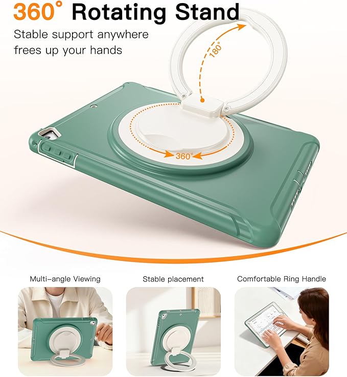 BATYUE Case for iPad 6th Generation 9.7 inch 2018 iPad 5th Gen 2017 iPad Air 2/ iPad Pro 9.7''Shockproof Protective Cover with Pencil Holder &ampRotating Kickstandfor KidsBoysGirls (Emerald Gre