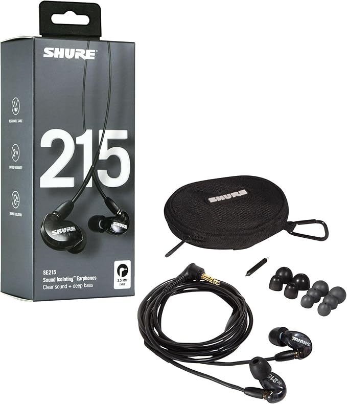 Shure SE215 PRO Wired Earbuds Professional Sound Isolating Earphones with Clear Sound Deep Bass Secure in-Ear Fit Carrying Case Black (SE215-K)