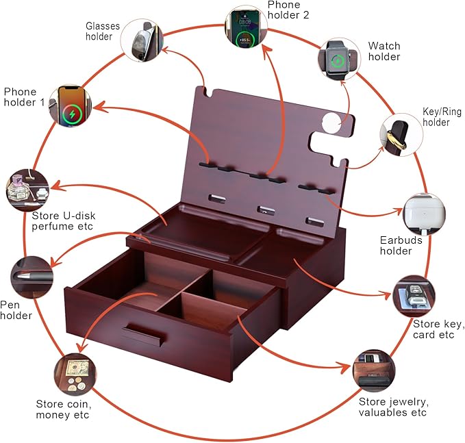 Wood Phone Docking Station with Drawer 4 USB Nightstand Organizer Charging Station with QC 3.0 &amp PD USB C Fast Charger for iPhone Android Mens Jewelry Box Anniversary Birthday Gifts for Men
