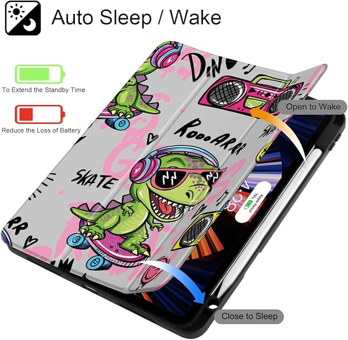 Mektron Case for iPad Pro 11 inch (4th 3rd 2nd &amp 1st Gen) 2022 2021 2020 2018 Buit in Pencil Holder with Shockproof Cover Clear Shell + Trifold Stand + Auto Wake/Sleep Cool Dinosaur