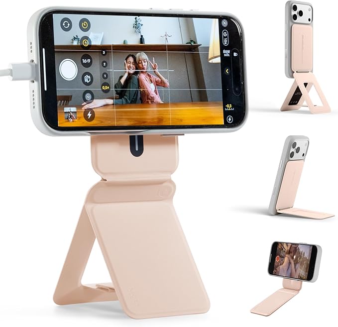 MOFT Phone Stand Magnetic Phone Tripod Stand Stain-Resistant MOVAS Leather &amp Angle Adjustment &amp Strong Magnets Tripod for iPhone 17/16/15/14/13/12 (Included Metal Ring)-Peach Pink