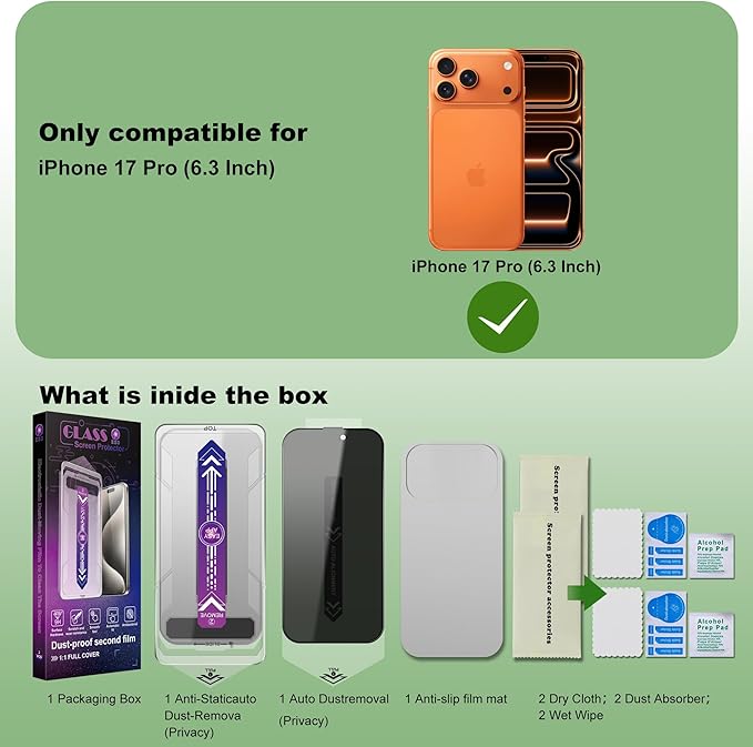 2 Pack Privacy Screen Protector for iPhone 17 Pro 6.3-Inch Auto Dust Removal No BubblesAnti-Spy Tempered Glass Film Easy Installation