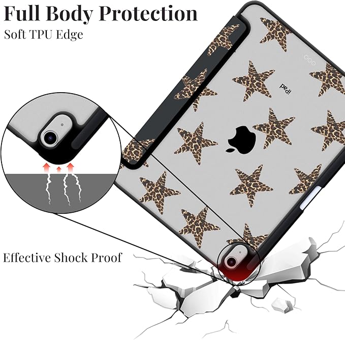 Y2k Printed Case for 12.9 iPad Pro 6th/5th/4th/3rd Gen (2022/2021/2020/2018) Leopard Print Star Clear Hard Back Hybrid Casewith Pencil Holder Trifold Stand Slim Cover for Women
