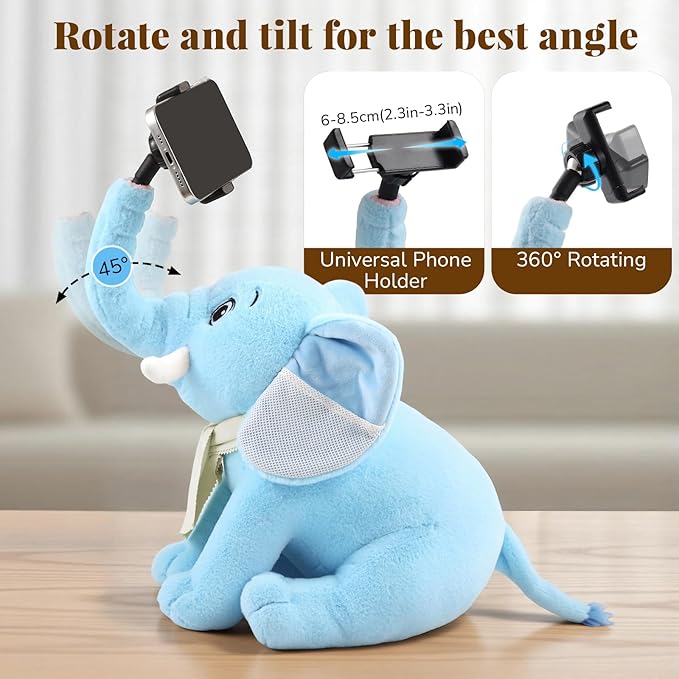 Phone Stand 360°Rotating Desk Phone Stand with 45°Adjustable Trunk Ear Pockets Glasses Cloth Scarf - Plush Phone Holder Back Fits Headphones Cell Phone Stand for desk Bed Sofa Car-Gray/Blue