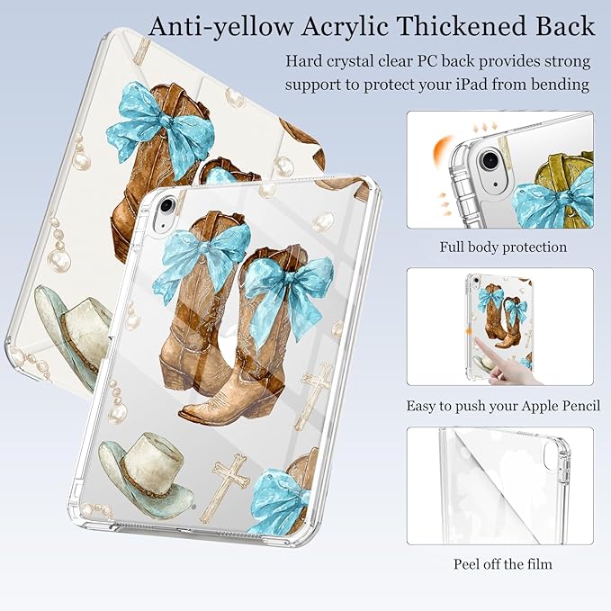Western Cowgirl Boots Bow for iPad (A16) 11th/10th Generation Case 11 Inch/10.9 Inch 2025/2022 with Pencil Holder Auto Sleep/Wake White Leather Acrylic Back Detachable Cover