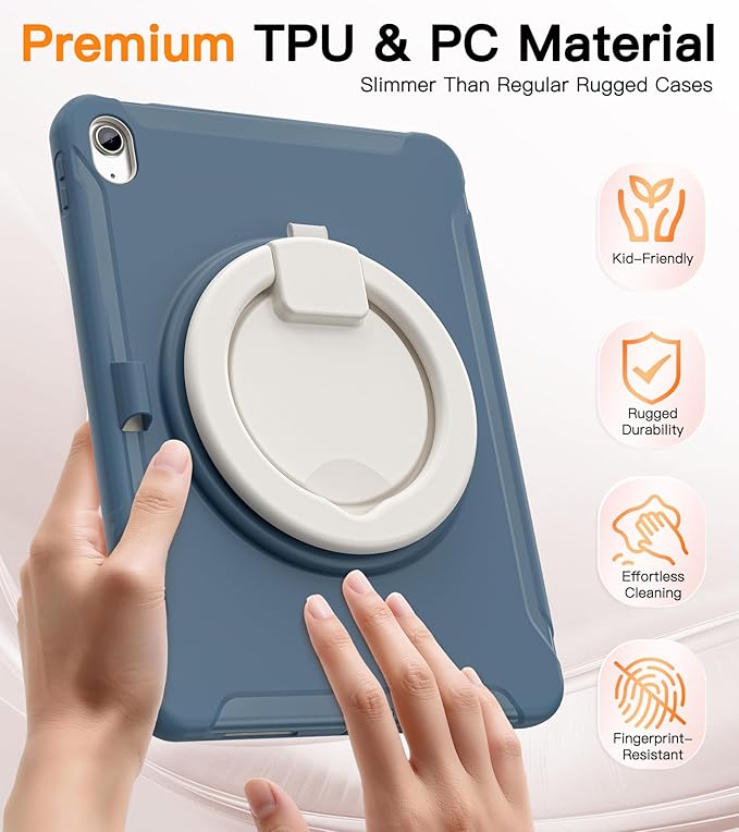 BATYUE Shockproof Case for iPad 10th Gen 10.9 2022 / 11th Gen (A16) 11 2025 | 360° Multi-Angle Stand (Portrait &amp Landscape) &amp Grip Built-in Screen Protector Pencil Holder Dusty Blue