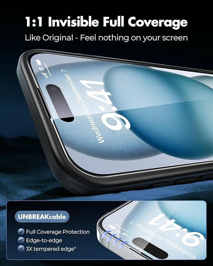 UNBREAKcable 3-Pack Screen Protector for iPhone 15 Tempered Glass - [One-Pull Perfection] [Auto Dust-Elimination] [9H+ Hardness] [99.99% HD Clear] Full Coverage for iPhone 6.1 inch