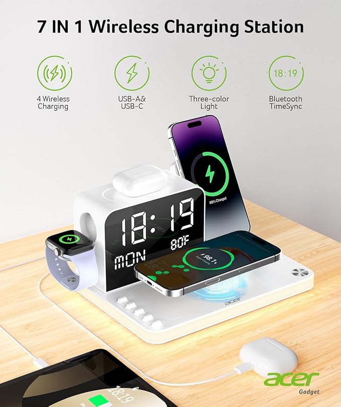 Acer 7-in-1 Wireless Charging Station with LED Clock - 30W Fast Wireless Charger for iPhone 16/15/14/13/12/Pro Max Apple Watch AirPods - Bluetooth Auto Time Sync &amp Night Lights (White)