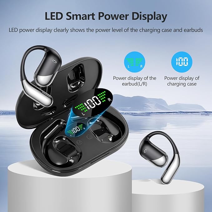 Open Ear Clip Wireless Earbuds Bone Conduction Headphones Bluetooth 5.4 Open Ear Design for Running FitnessofficeBuilt-in Mic IPX7 Waterproof LED Display Charging CaseEar Hooks Ear Buds