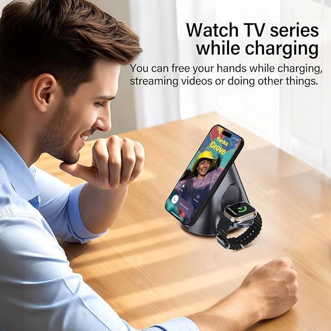 3 in 1 Magnetic Wireless Charger Qi2 Certified 15W Fast Charger for iPhone 16/15/14 Watch Foldable Rotating Charger Stand with Stable Flat Base MagSafe Compatible Travel-Ready Design