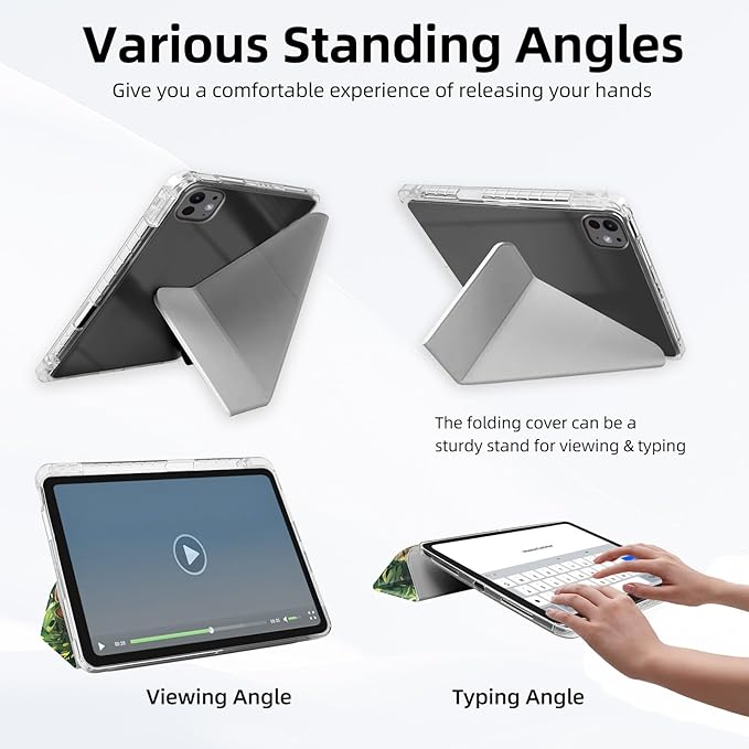 for iPad Pro 11 2024 Case with Pencil Holder Foldable Y-Shaped Protective Cover Stylish Clear Multi-Angle Viewing &amp Auto Sleep/Wake Three Cats Jungle Tablet Case