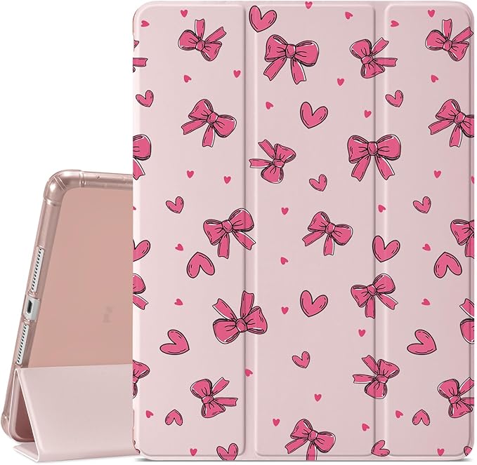JOYLAND Cute Art Bowknot Pattern Case for iPad 9th/8th/7th Generation 10.2 Inch (2021/2020/2019 Release) Pencil Holder &amp Clear Transparent Soft TPU Back &amp Trifold Smart Pad Pink Cover