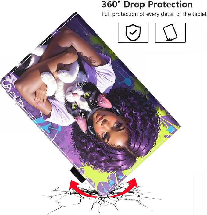 Case for Amazon Kindle Fire HD 10 &amp 10 Plus Tablet 10.1 (13th/11th Generation 2023/2021 Release) - Premium PU Leather Cover with Auto Sleep Wake African American Girl Cat