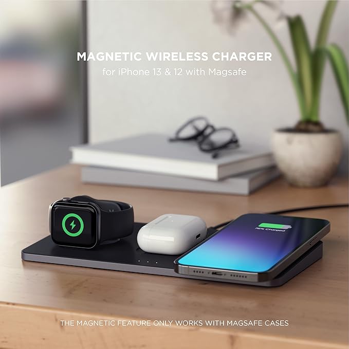 Satechi Trio Wireless Charger with Magnetic Pad Qi Certified Compatible with iPhone 16 Pro Max/16 Pro/16/16 Plus AirPods Pro/Gen 3 Apple Watch Ultra &amp Series (ST-X3TWCPMs)