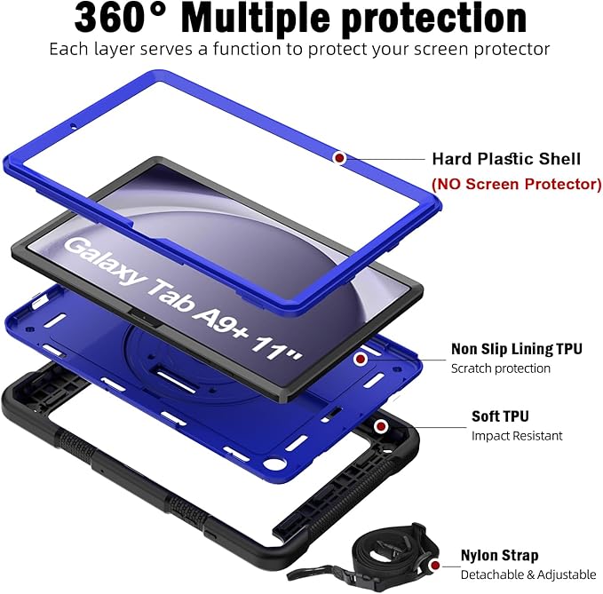 BMOUO for Samsung Galaxy Tab A9+ Plus Case 11 2023 (SM-X210/X216/X218) Shockproof Galaxy Tab A9 Plus Case with Rotating Stand and Hand/Shoulder Strap Deep Blue and Black