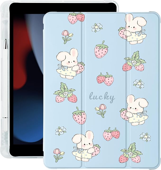 Cute Kawaii Bunny Strawberry for iPad Air5/Air4 Case with Pencil Holder Auto Sleep/Wake Blue Leather Soft TPU Back Cover for iPad 10.9 Inch 2022/2020