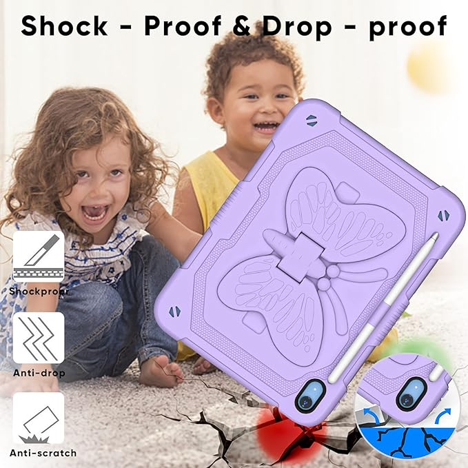 Dteck iPad A16/10th Generation 2025/2022 Case with Kickstand Butterfly Wings Pencil Holder Heavy Duty Hard Rugged Protective Kids Girls Cover for iPad 10th Gen 10.9 Inch 2022Purple