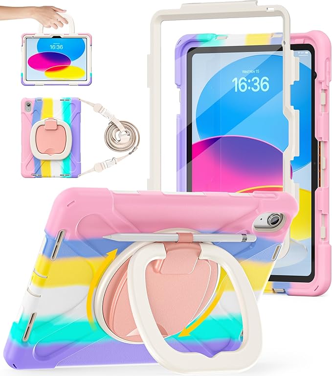 BATYUE Case for iPad (A16) 11th/10th Gen 11''/10.9'' - Heavy Duty Shockproof Cover for Kids with 360° Rotating &amp 180° Folding Stand Screen Protector Shoulder Strap &amp Pencil Holder | Colorful