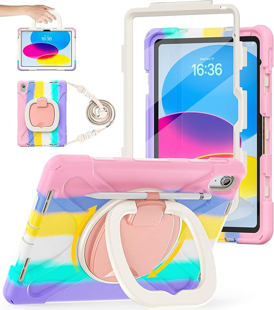 BATYUE Case for iPad (A16) 11th/10th Gen 11''/10.9'' - Heavy Duty Shockproof Cover for Kids with 360° Rotating &amp 180° Folding Stand Screen Protector Shoulder Strap &amp Pencil Holder | Colorful