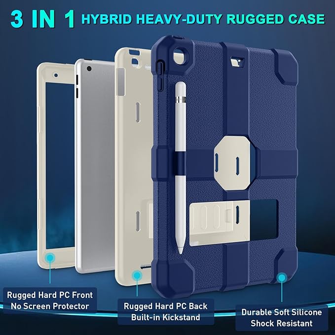 Case for iPad 9th/8th/7th Generation 2021/2020/2019(10.2 inch) Heavy Duty Shockproof Rugged Protective 10.2 Cover with Built-in Stand for iPad 9 8 7 Gen(White+Mist Blue)