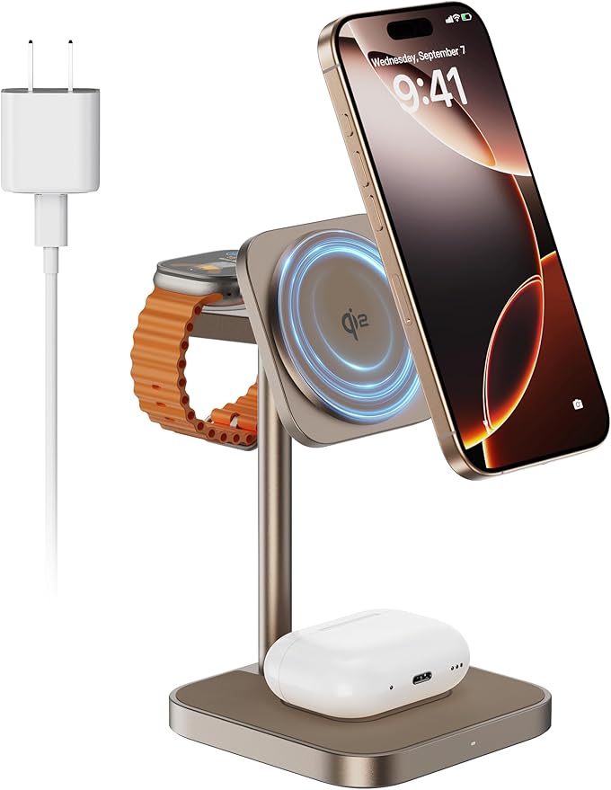 [Qi2 Certified ] LULULOOK 3 in 1 Charging Station with MagSafe 15W QI2 Wireless Charger Stand Magnetic Charger for iPhone 17/16/15/14/13/12 Series AirPods Pro/3/4 Apple Watch with 30W PD Adapter