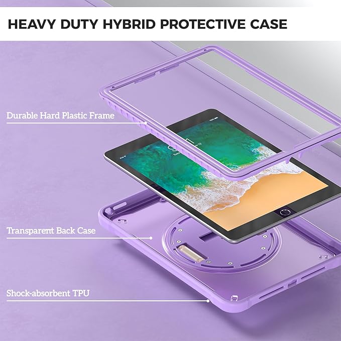 ProCase Rugged Case for iPad 9.7 Inch 5th 6th Gen/iPad Air 2 / iPad Pro 9.7 Case Heavy Duty Shockproof Rugged Cover with Hand Strap 360 Degree Rotatable Kickstand Protective for iPad 9.7 -Purple