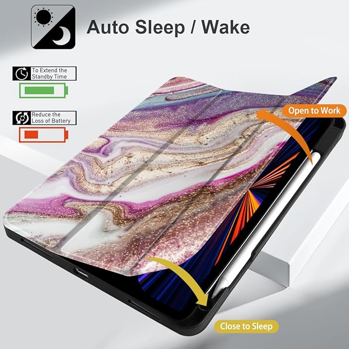 DONGKE Case for 2022/2021/2020/2018 iPad Pro 11 inch Gen 4/3/2/1 - Slim Protective Case - Built in Pencil Holder Support Charging - Trifold Stand &amp Sleep/Wake Cover- Pink Marble