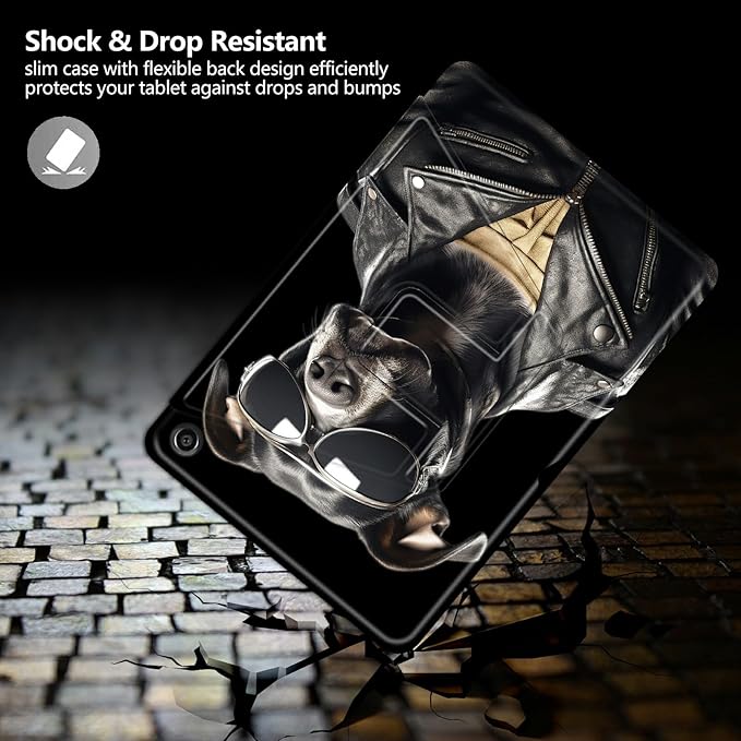 Case for Kindle Fire HD 10 Tablet (5th/7th/9th Generation2015/2017/2019 Release) Dog with Sunglasses Theme 360 Degree Rotating Stand Protective Cover with Auto Sleep/Wake for HD 10 Tablet