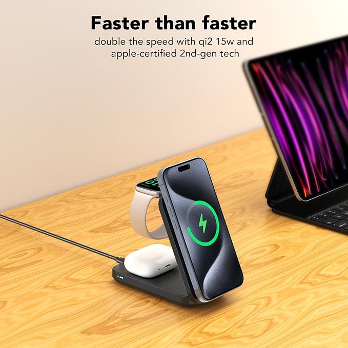 Qi2 [Certified] 3 in 1 Charging Station Compatible with Apple MagSafeMagnetic 15W Foldable Fast Wireless Charging Stand for iPhone 17/16/15/14/13/12 iWatch 11 Air-Pods Charger(with 30W PD Adapter)