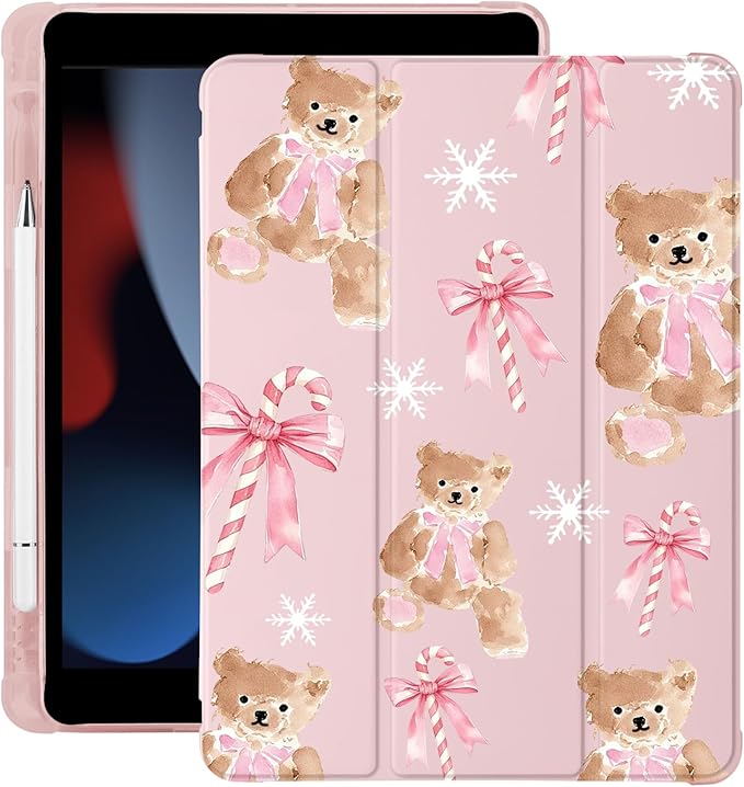 Cute Christmas Cane Bear for iPad (A16) 11th Generation Case 11 Inch 2025 for iPad 10th Generation Case 10.9 Inch 2022 with Pencil Holder Auto Sleep/Wake Pink Leather Soft TPU Back Cover