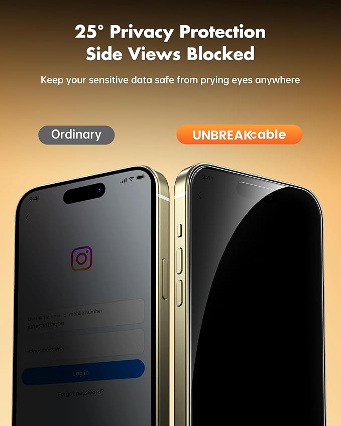UNBREAKcable Privacy Screen Protector for iPhone 15 (6.1) 25° Anti-Spy Tempered Glass Easy Install Alignment Frame Case-Friendly 9H Hardness Anti-Fingerprint 3-Pack