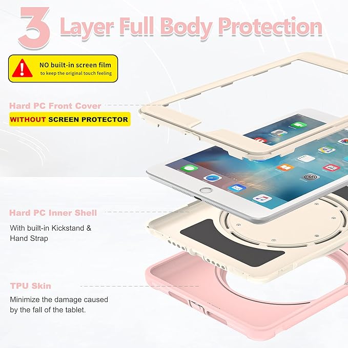 BATYUE Shockproof Case for iPad mini 1/2/3 (2012/2013/2014) - 360° Multi-Angle Stand (Portrait &amp Landscape) &amp Grip Multi-Scene for All Ages Pink