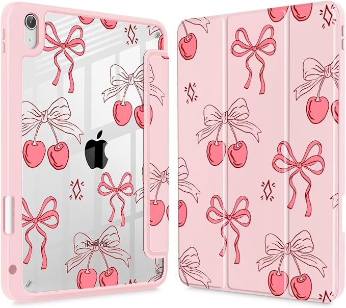 May Chen for iPad Air 11-inch M4/M3/M2 (2026/2025/2024) iPad Air 5th/4th 10.9 Inch - Shockproof Cover with Clear Back Shell &amp Penceil Holder Auto Wake/Sleep Stand Cover Coquette Cherry Bow