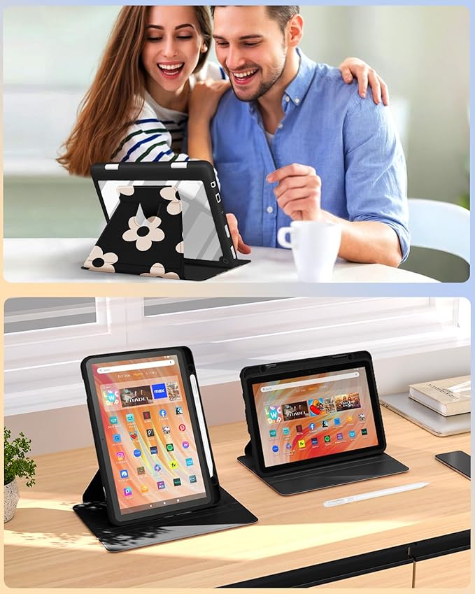 Kidcube for Kindle Fire HD 10/10 Plus Tablet Case - 13th/11th Generation (2023/2021) 10.1 Women Girls Cute Flowers Floral Design Rotating Stand Pencil Holder Folio Cases for Amazon Fire HD 10/10 Plus