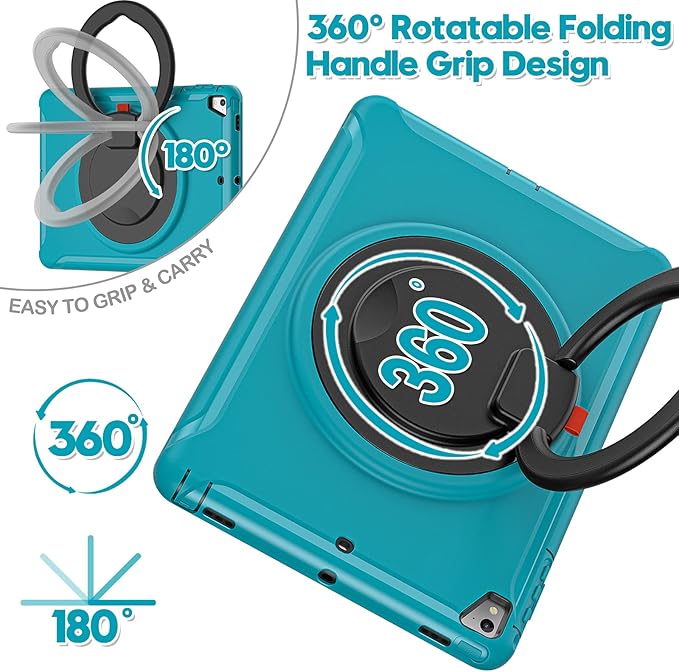 BATYUE Case for iPad 6th Generation 9.7 inch 2018 iPad 5th Gen 2017 iPad Air 2/ iPad Pro 9.7''Shockproof Protective Cover with Pencil Holder &ampRotating Kickstand for KidsBoysGirls Light Blue
