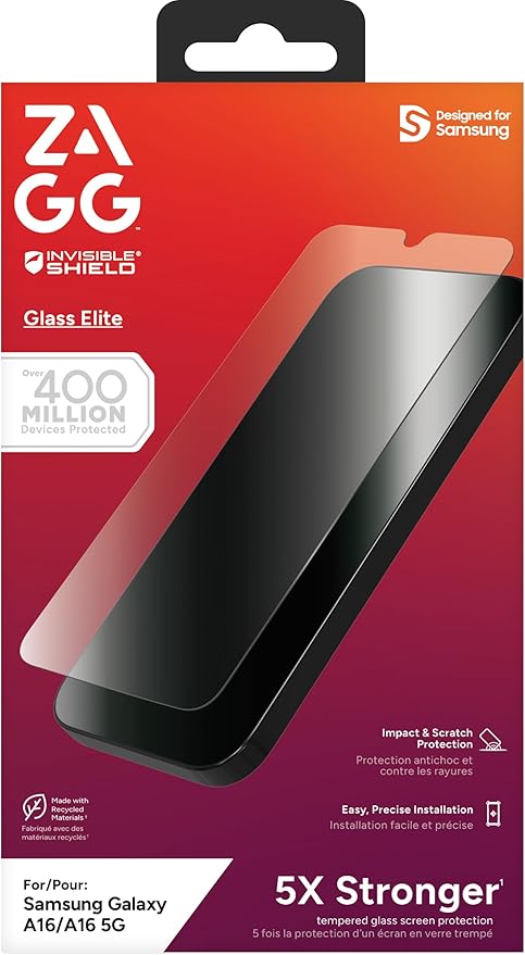 ZAGG Glass Elite Samsung Galaxy A17/ A16 5G/ 4G LTE Screen Protector – Ultra-Strong Tempered Glass Scratch-Resistant EZ Apply Installation InvisibleShield Made with Recycled Materials