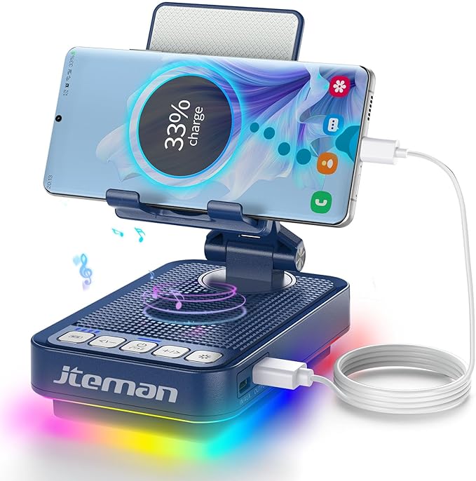 JTEMAN Gifts for Men Women Phone Stand Bluetooth Speaker with Light and Charging Function 360 Rotating Phone Holder Cool Tech Gifts for Dad Mom Husband Unique Birthday Gift Ideas - Blue
