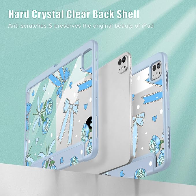 Tuiklol for iPad Pro 11 Inch (M5 2025 / M4 2024) Case Buit-in Pencil Holder with Slim Clear Back Cover Protection Trifold Stand-Auto Wake/Sleep Tablet Case Black Flower Bow &amp Rose Blue