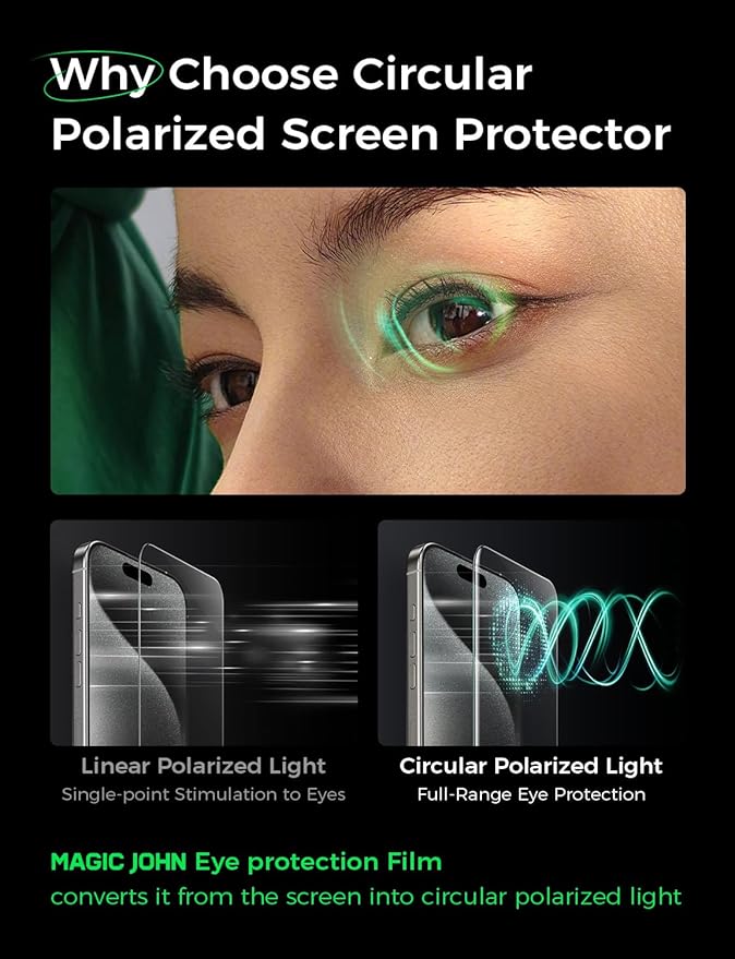 MAGIC JOHN 2 Pack for iPhone 15 Pro Screen Protector (6.1) Eye Protection HD Clear Auto Dust-Elimination 9H Tempered Glass &amp Scratch Resistance Full Edge Coverage