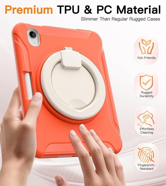 BATYUE Shockproof Case for iPad mini 7 (A17 Pro)/ Mini 6 8.3 inch (2024/2021) - 360° Multi-Angle Stand (Portrait &amp Landscape) &amp Grip Built-in Pencil Holder Coral Orange