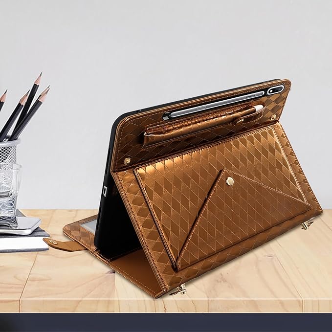 Tablet Carrying Shoulder Bag Case for Samsung Galaxy Tab S9 FE+ Plus/S9+/S8+/S7+ Plus 12.4 Iridescent Diamond Texture Envelope PU Leather Hand Strap Cards Holder Pocket S Pen Holder CaseBrown
