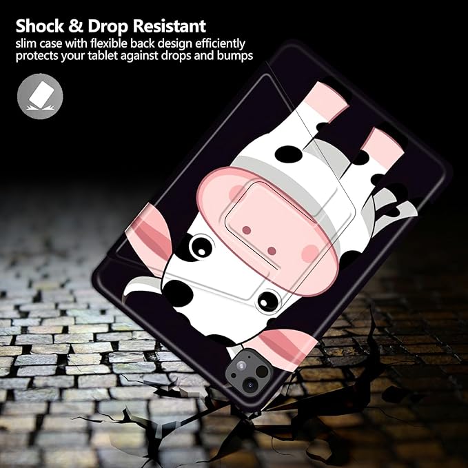 Case for iPad Pro 11 Inch Case M4(2024 5th Generation) Cow with Big Ears Theme 360 Degree Rotating Stand Protective Cover with Auto Sleep/Wake