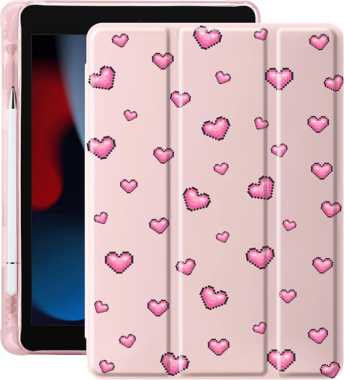 Idocolors Case for iPad 11 inch (A16 Chip) 2025 Generation 11th / iPad 10.9 inch 2022 10th Gen Built-in Pencil Holder with Soft TPU Shockproof Back Shell Auto Wake/Sleep Heart-Pink