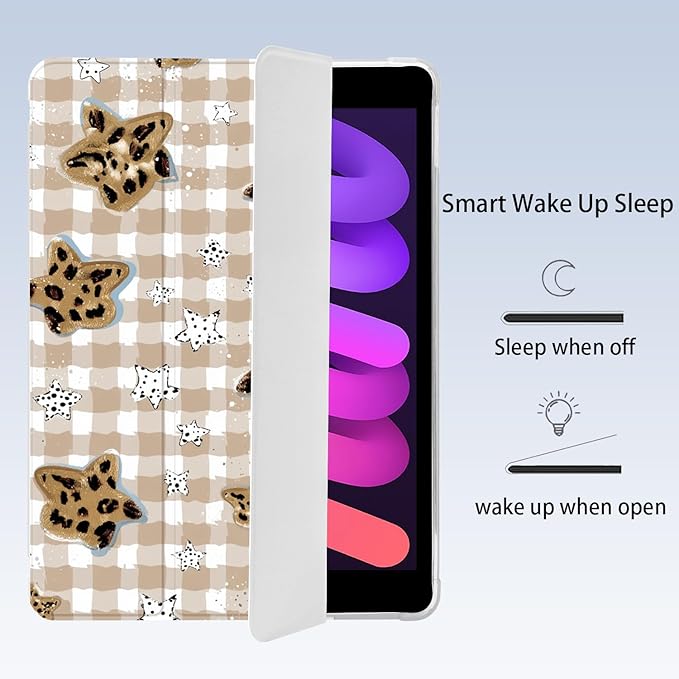 Cute Grid Star Checkered for iPad 5th/6th Generation Case with Pencil Holder Auto Sleep/Wake Leather Soft TPU Back Cover for iPad 9.7 Inch