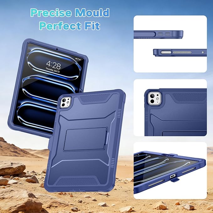 Soke Case for iPad Pro 11 Inch (M5) 2025/ (M4) 2024 with Built-in Screen Protector &amp Kickstand Rugged Full Body Heavy Duty Protective Cover with Pencil Holder - Navy
